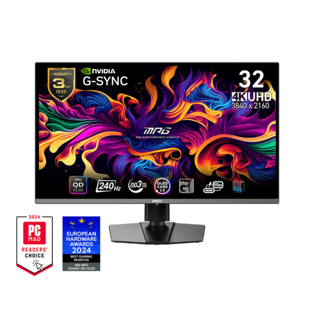 MSI MPG 321URX QD-OLED, 32" 4K UHD Quantum Dot OLED Gaming Monitor, 3840 x 2160, 0.03ms, 240Hz, True Black HDR 400, 90W USB Type C, HDMI, DP Port 