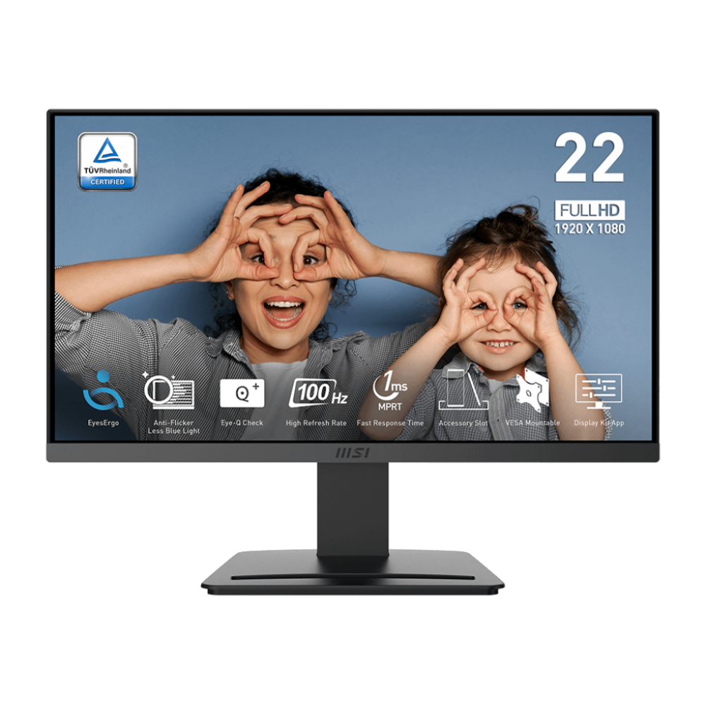 MSI PRO MP223 E2, 22-inch VA 1920 x 1080 (FHD) Computer Monitor, 100Hz, Adaptive-Sync, HDMI, Video Port, Display Port, VESA Mountable, Tilt, 1ms 